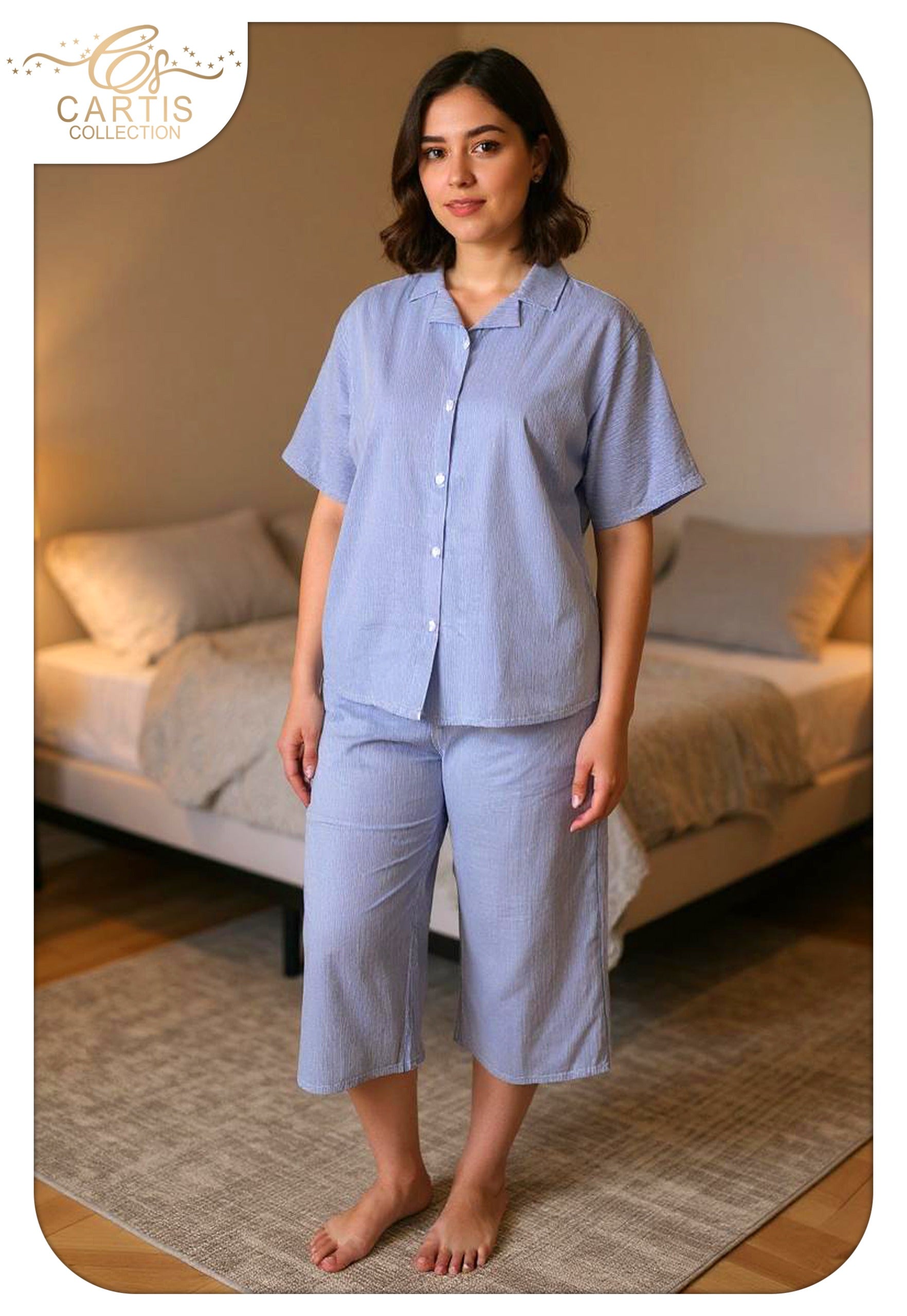 Pyjama Femme Estival – Haut Boutonné & Pantalon 3/4