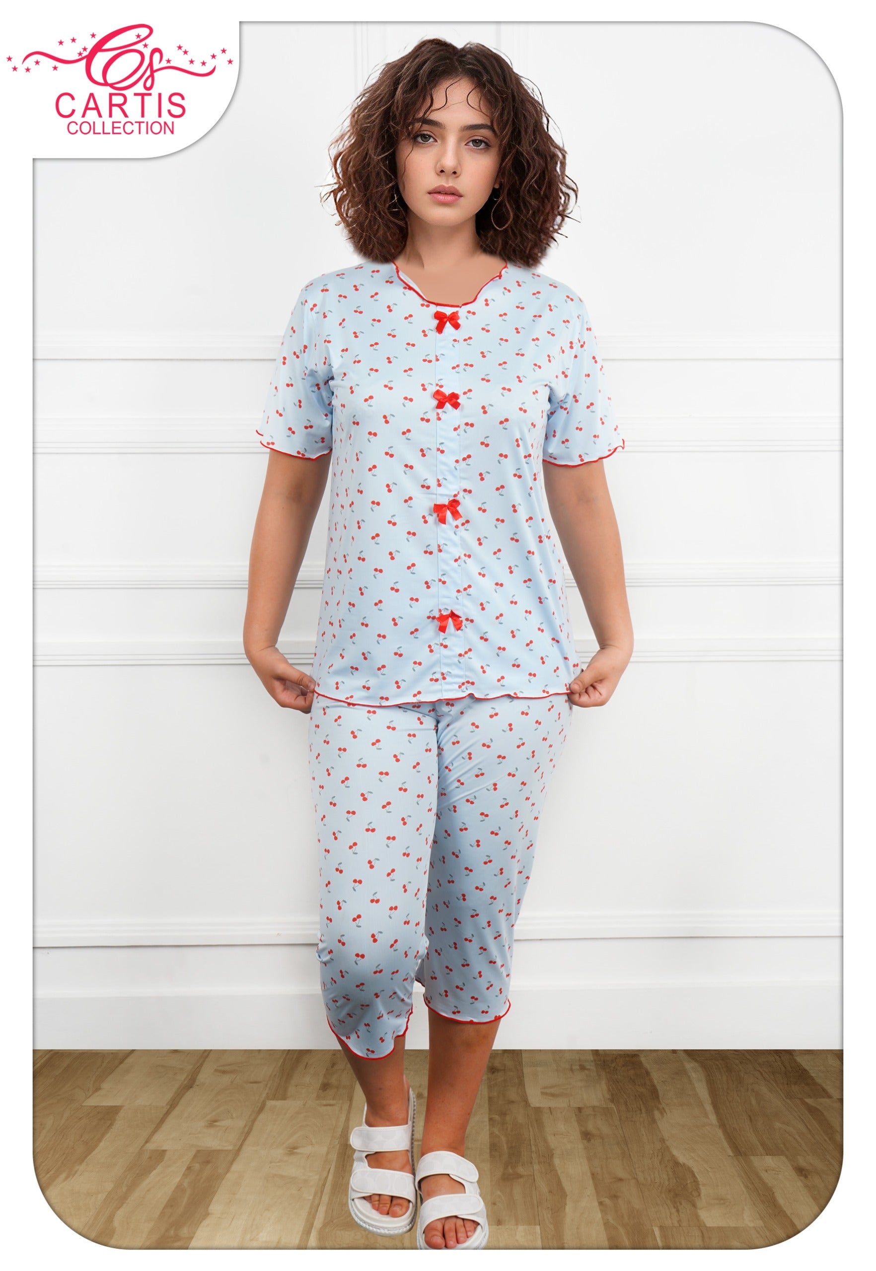Pyjama Femme – Boutons & Nœuds Cerise