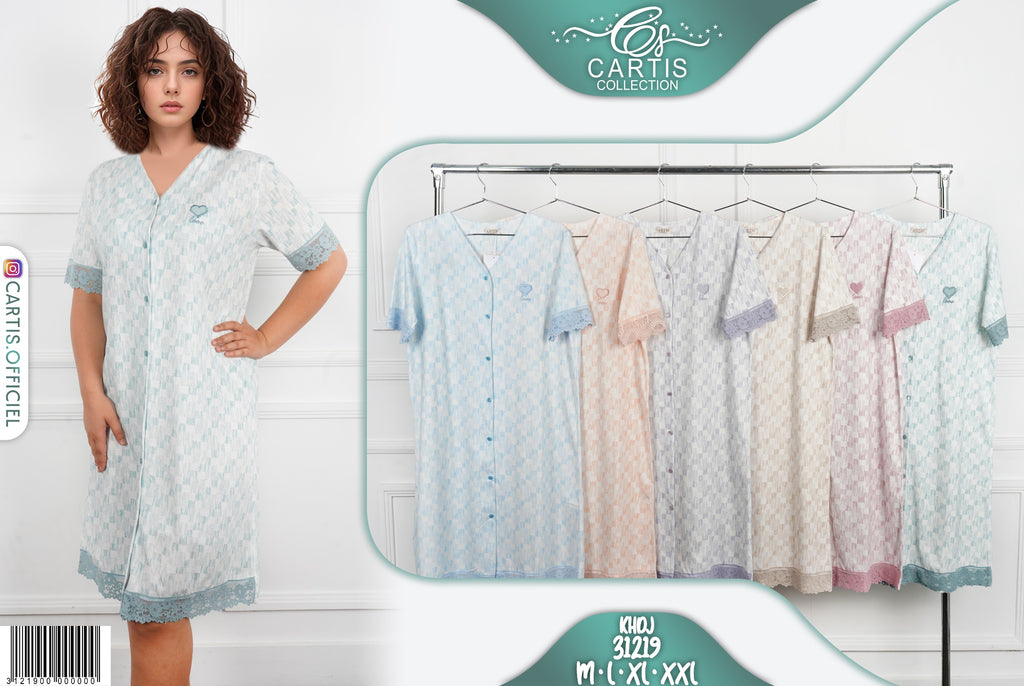 Robe Pyjama Boutonné avec Dentelle