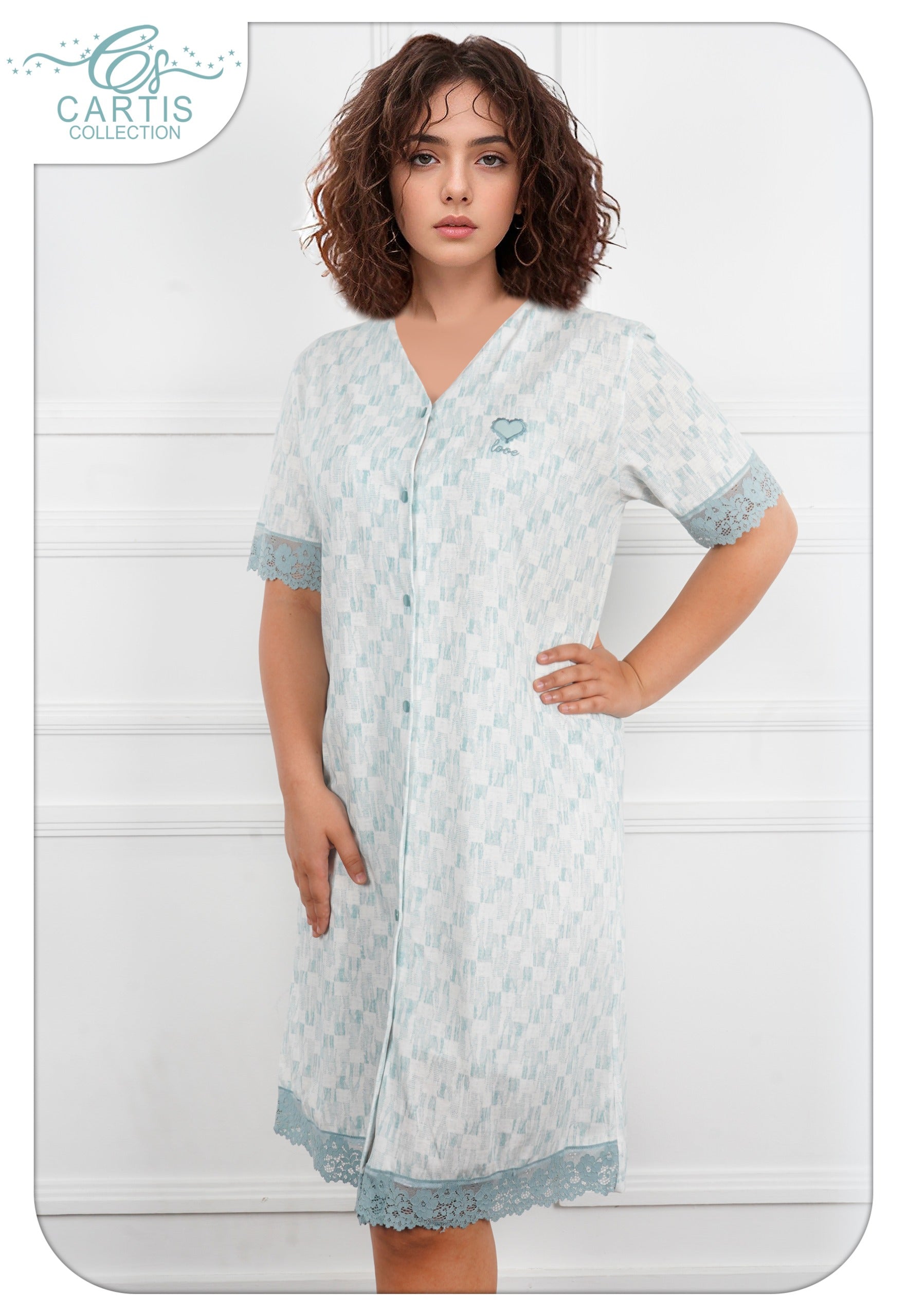 Robe Pyjama Boutonné avec Dentelle